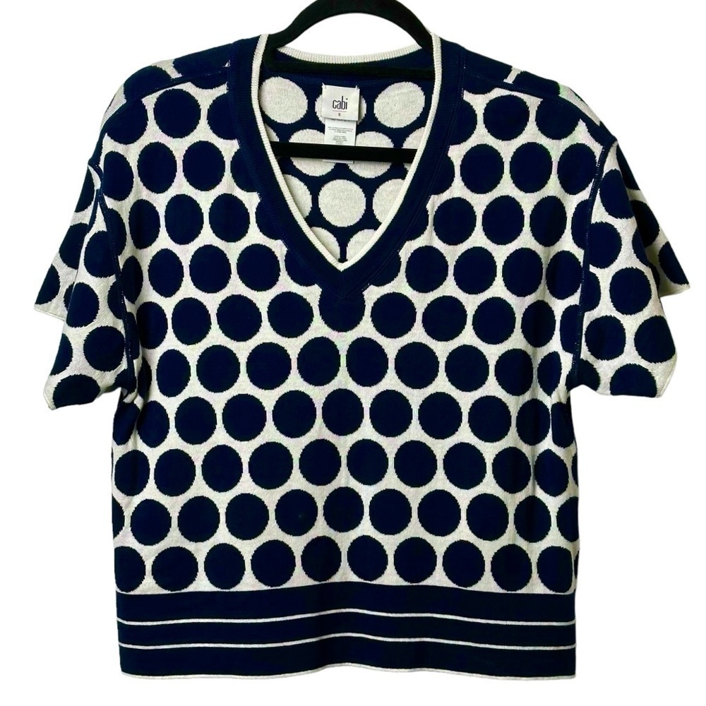 CAbi Size Small Volley Pullover Sweater Polka Dot Reversible Cotton Navy White